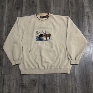 Woodland Trail‎ Sweatshirt Mens XL Beige Fleece Pullover Wildlife Deer Cabin